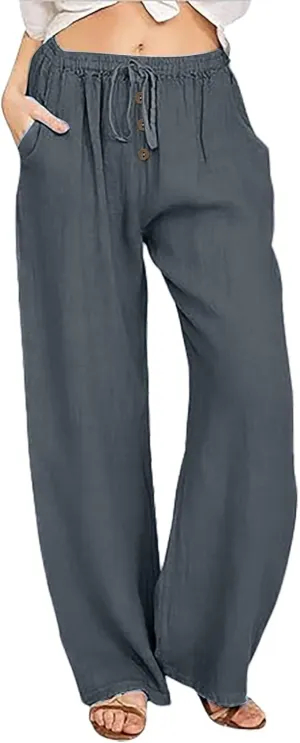 Women's Cotton Linen Pants Wide Leg Palazzo Loose Drawstring Elastic Waist Lounge Trousers Casual Summer Outfits 2025