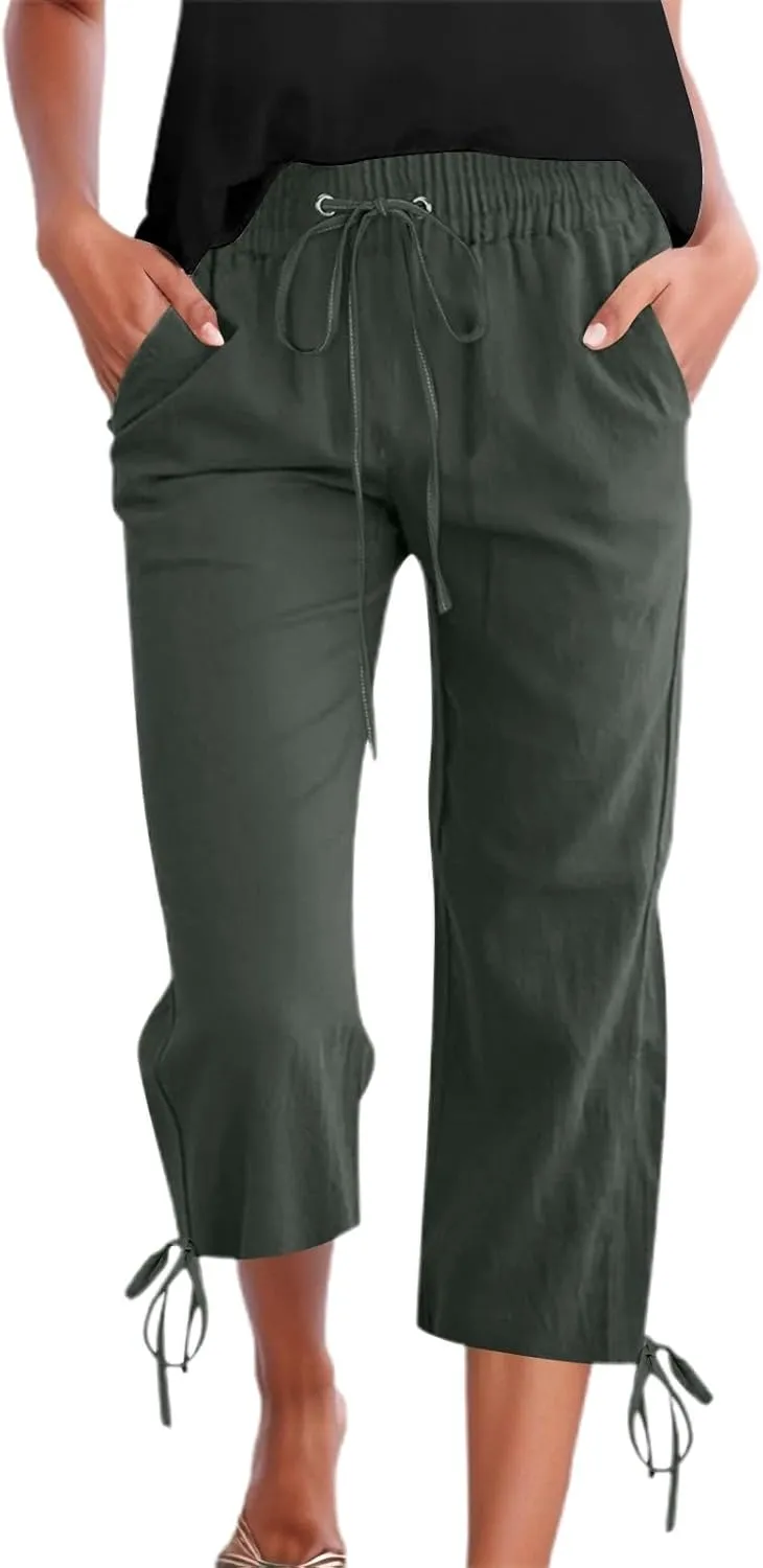 Women's Cropped Linen Pants Drawstring Waist Casual Capri Trousers Lightweight Summer Comfort Wear