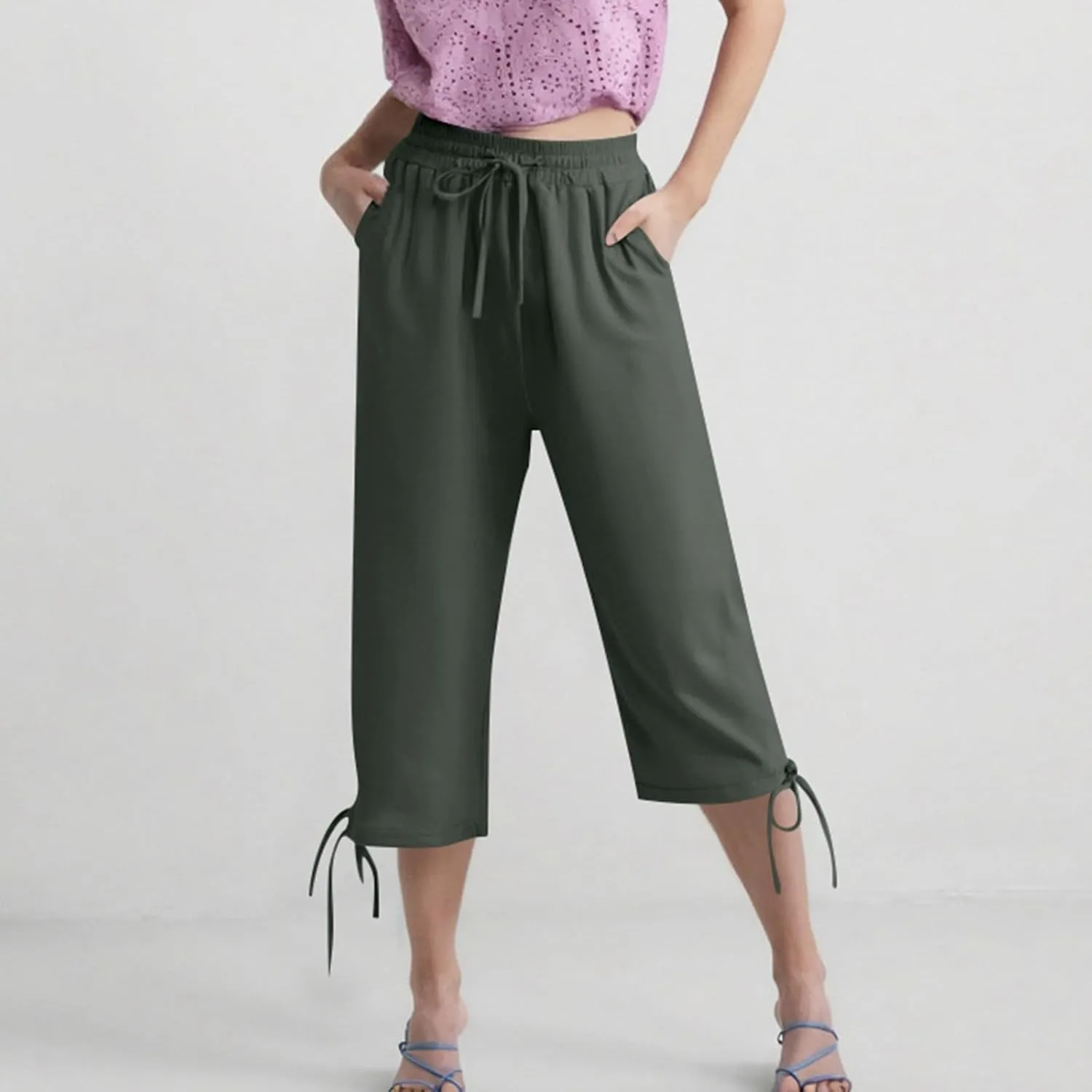 Women's Cropped Linen Pants Drawstring Waist Casual Capri Trousers Lightweight Summer Comfort Wear