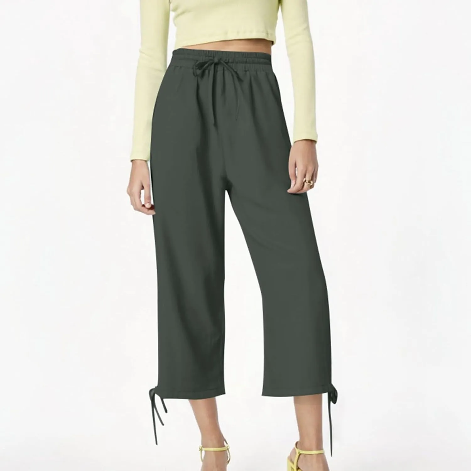 Women's Cropped Linen Pants Drawstring Waist Casual Capri Trousers Lightweight Summer Comfort Wear