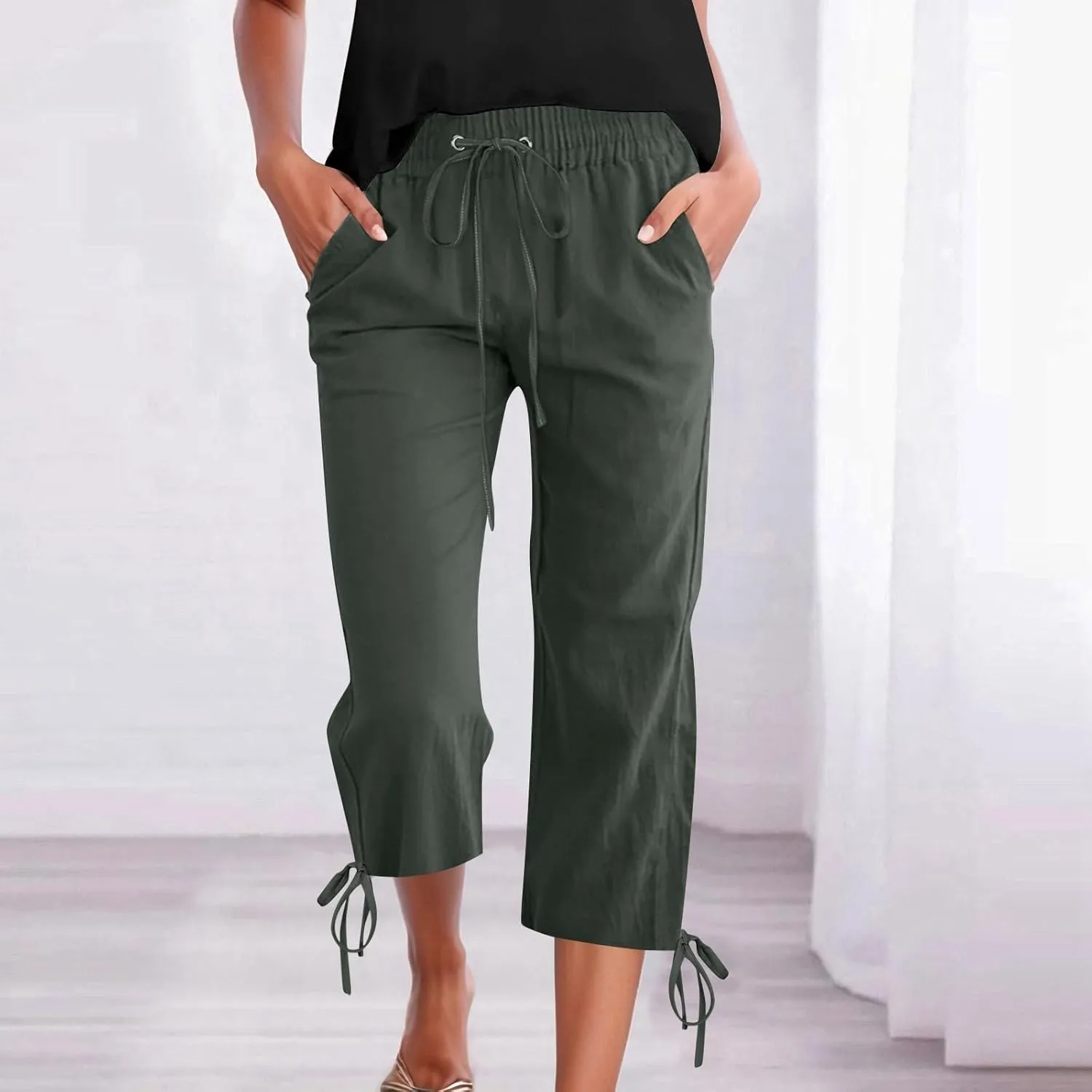 Women's Cropped Linen Pants Drawstring Waist Casual Capri Trousers Lightweight Summer Comfort Wear