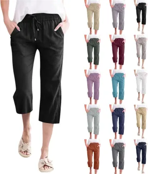 Women's Cropped Linen Pants Drawstring Waist Casual Capri Trousers Lightweight Summer Comfort Wear