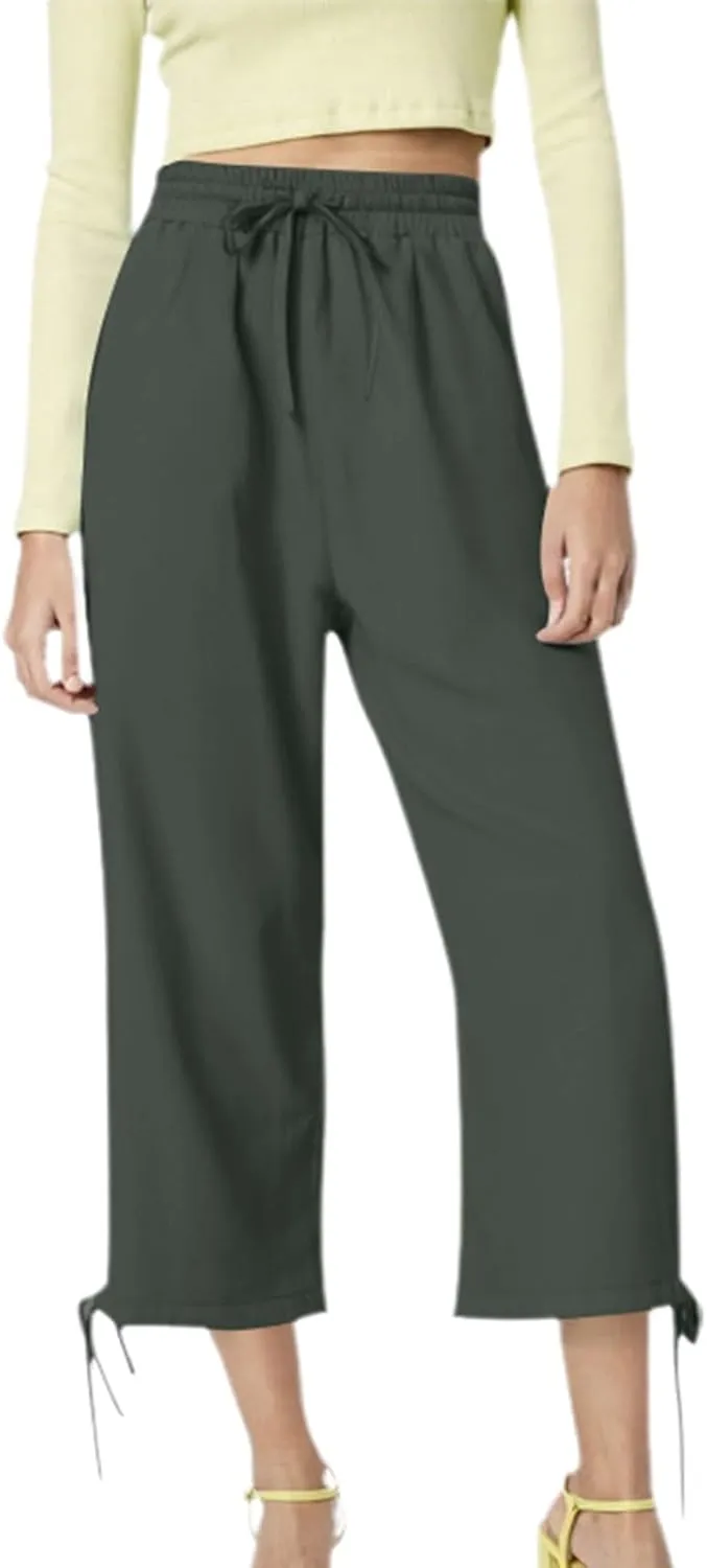 Women's Cropped Linen Pants Drawstring Waist Casual Capri Trousers Lightweight Summer Comfort Wear