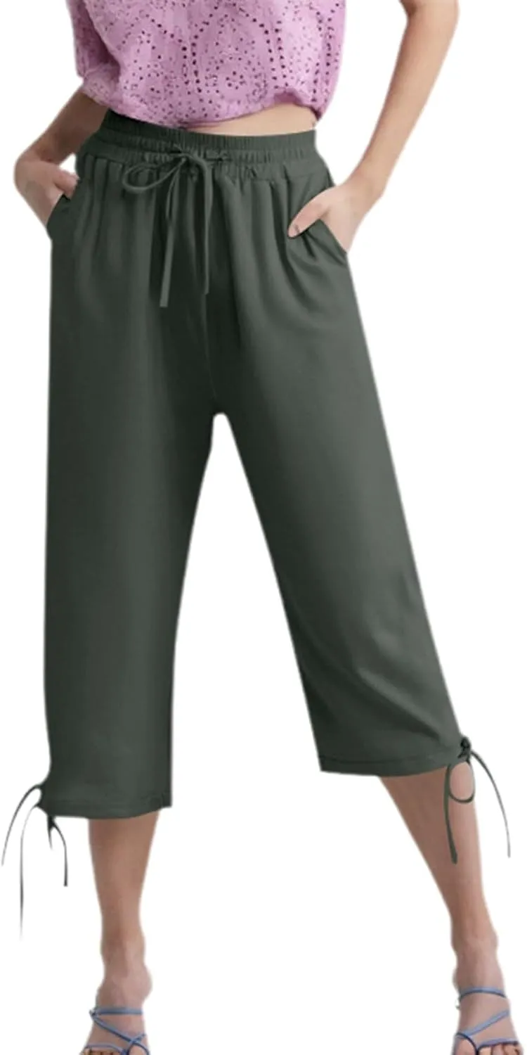 Women's Cropped Linen Pants Drawstring Waist Casual Capri Trousers Lightweight Summer Comfort Wear