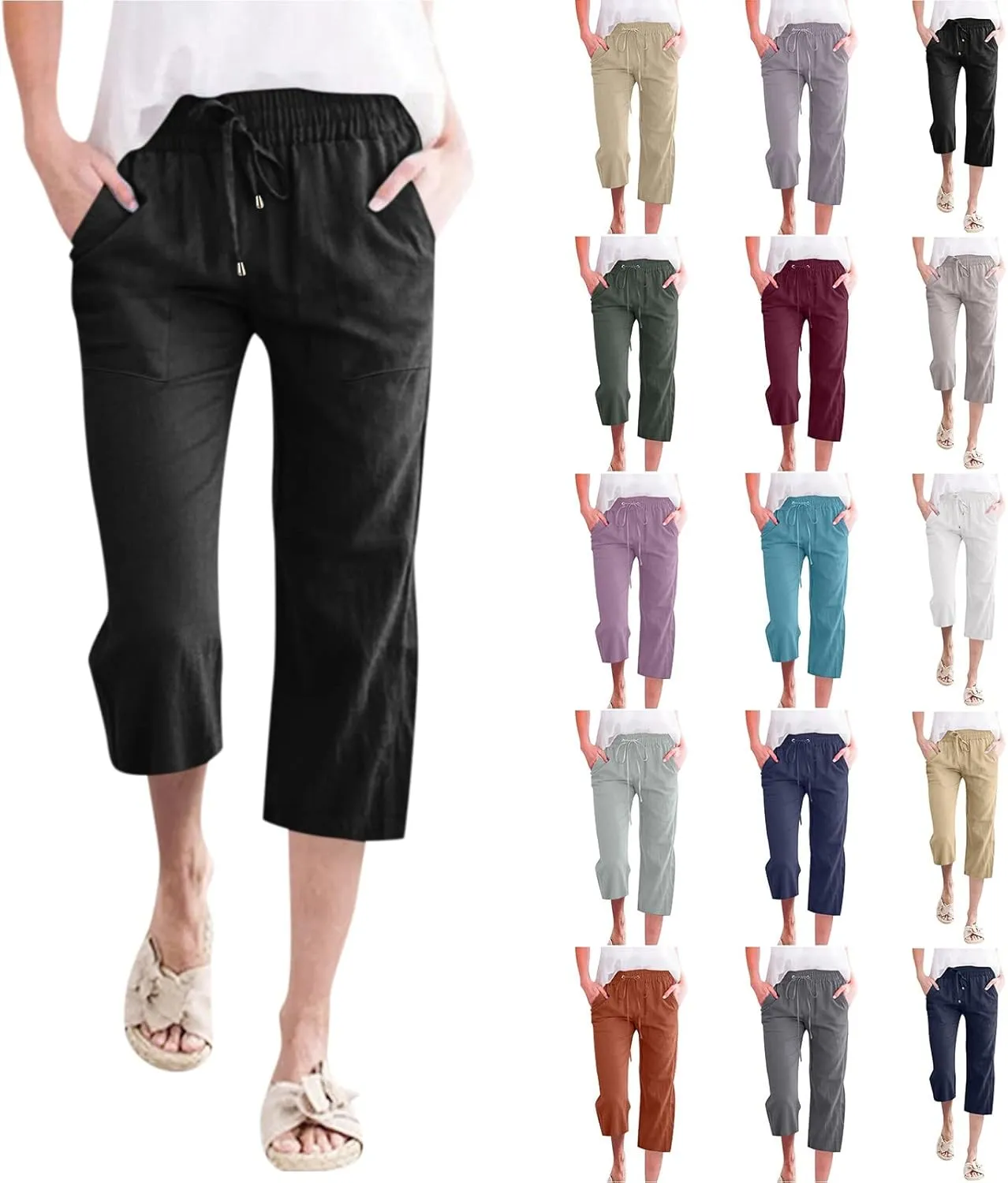 Women's Cropped Linen Pants Drawstring Waist Casual Capri Trousers Lightweight Summer Comfort Wear