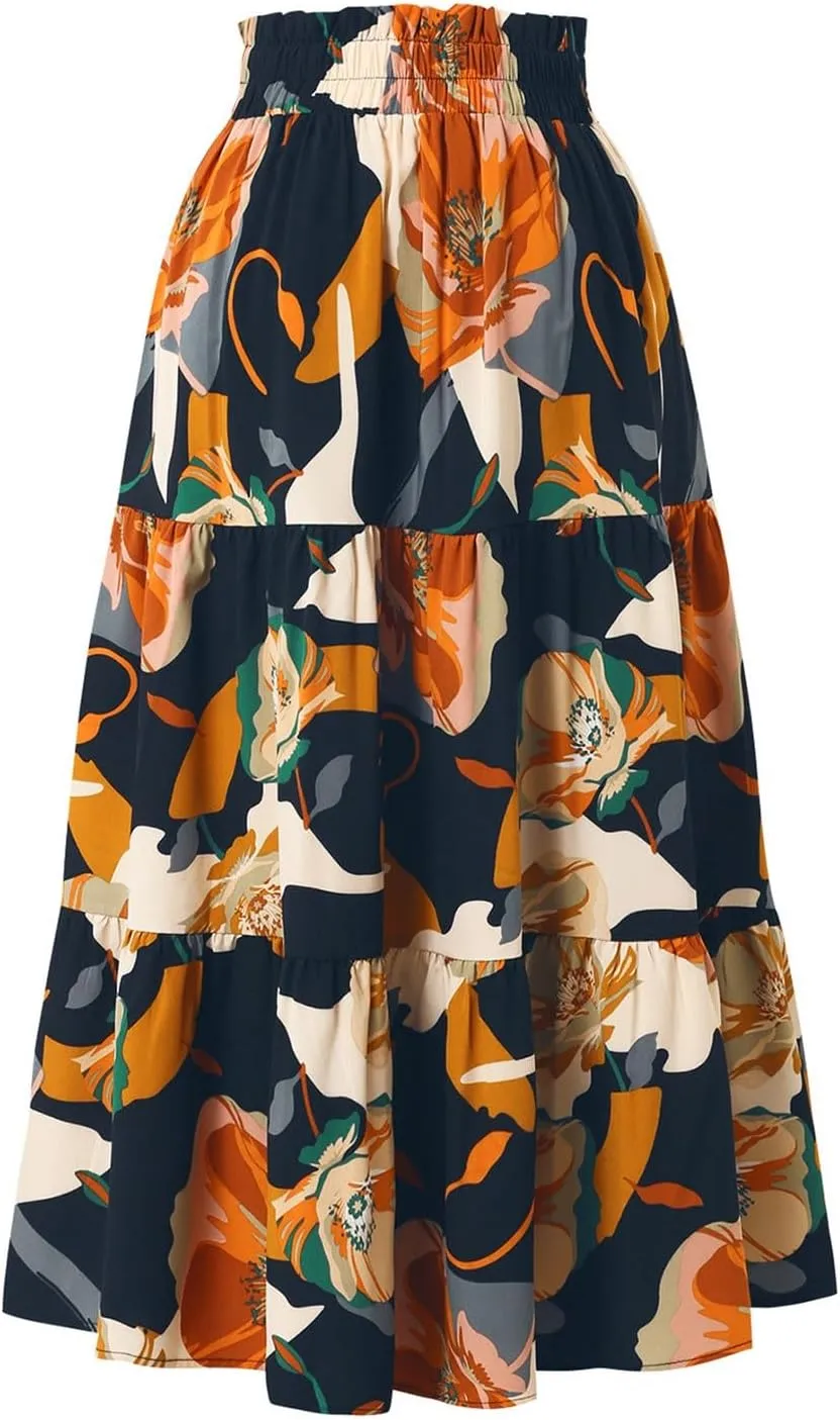 Women's Elastic High Waist Floral Print Tie Knot Pleated Flared Boho A-Line Midi Skirts, S-XL