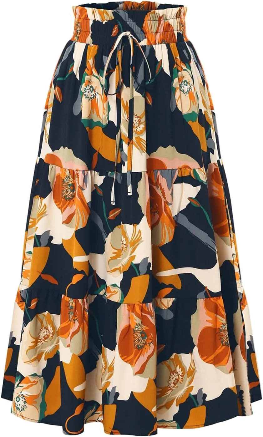 Women's Elastic High Waist Floral Print Tie Knot Pleated Flared Boho A-Line Midi Skirts, S-XL