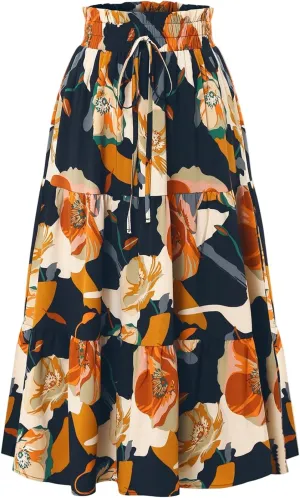 Women's Elastic High Waist Floral Print Tie Knot Pleated Flared Boho A-Line Midi Skirts, S-XL