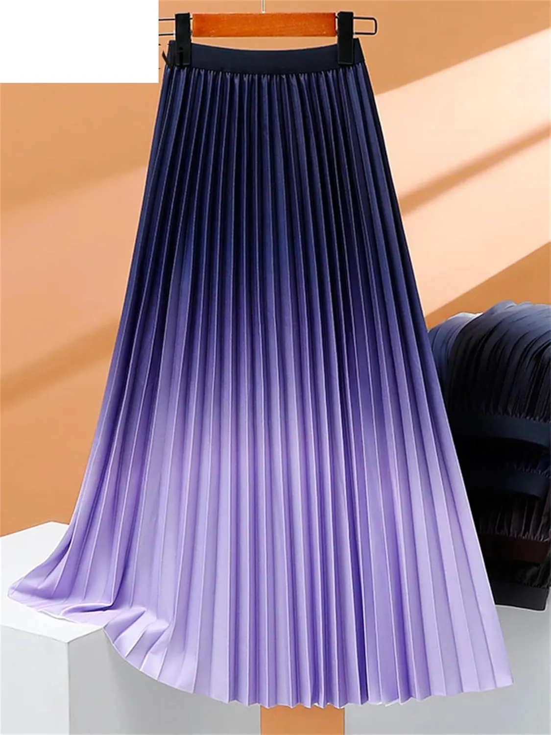 Women's Fashion Gradient Pleated Midi Skirt Casual High Waist Spring Summer Wear