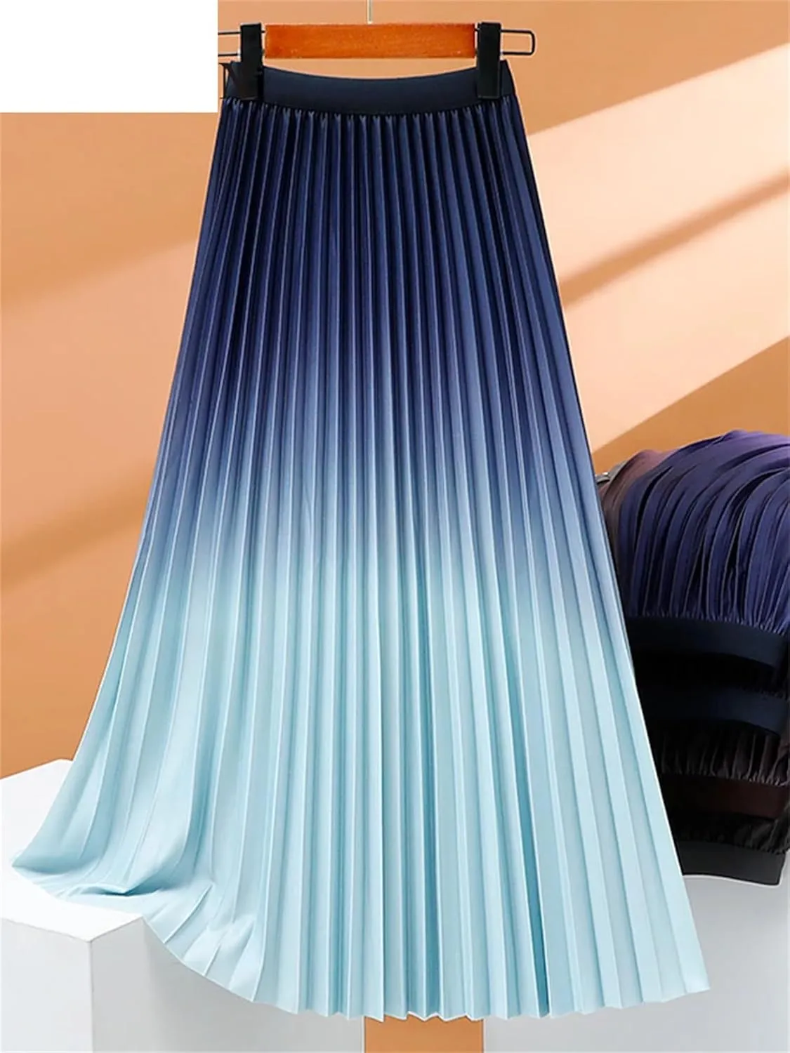 Women's Fashion Gradient Pleated Midi Skirt Casual High Waist Spring Summer Wear