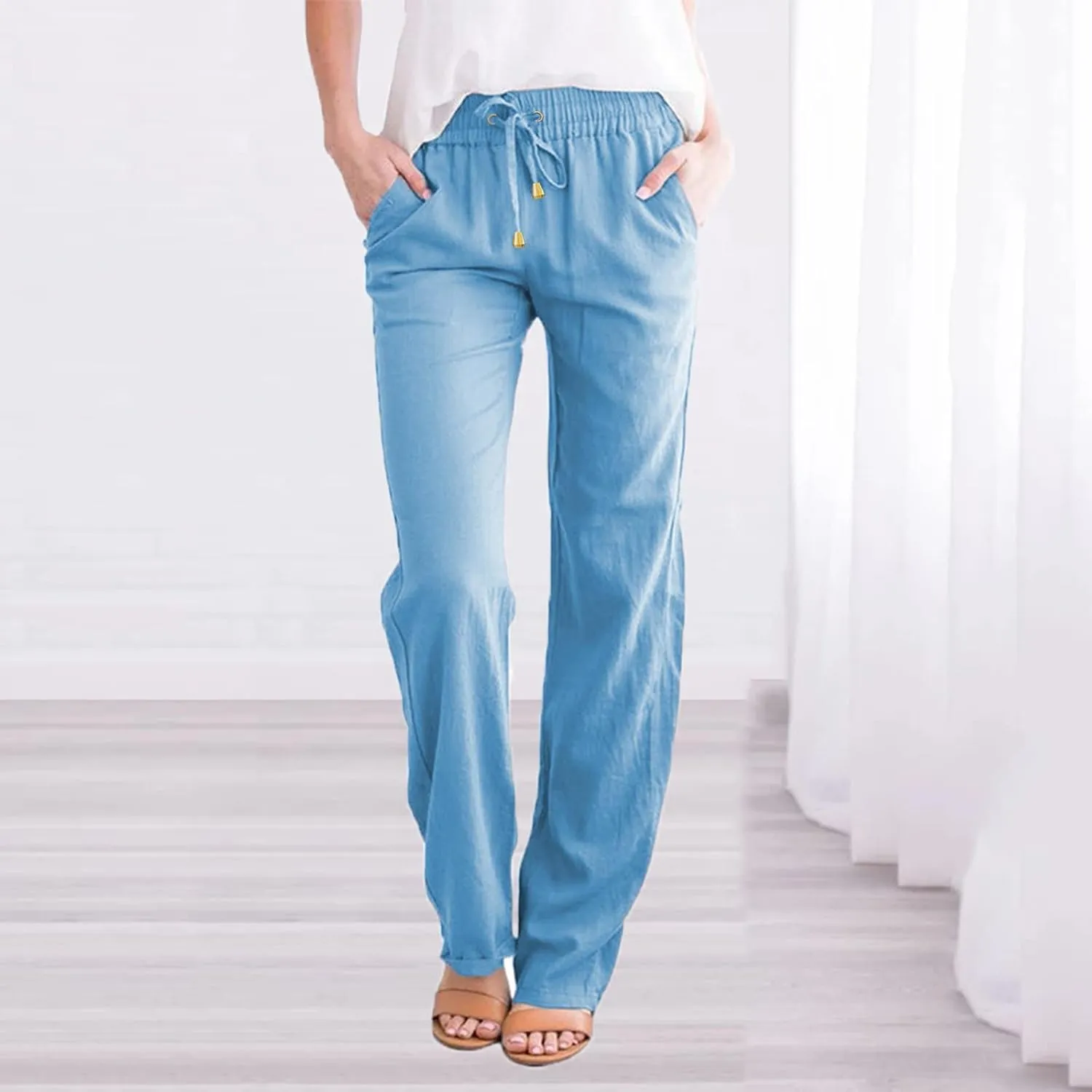Women's Fleece Lined Pants Winter Flowing Beach Leggings with Pockets Barrel Pants Fleece Lined