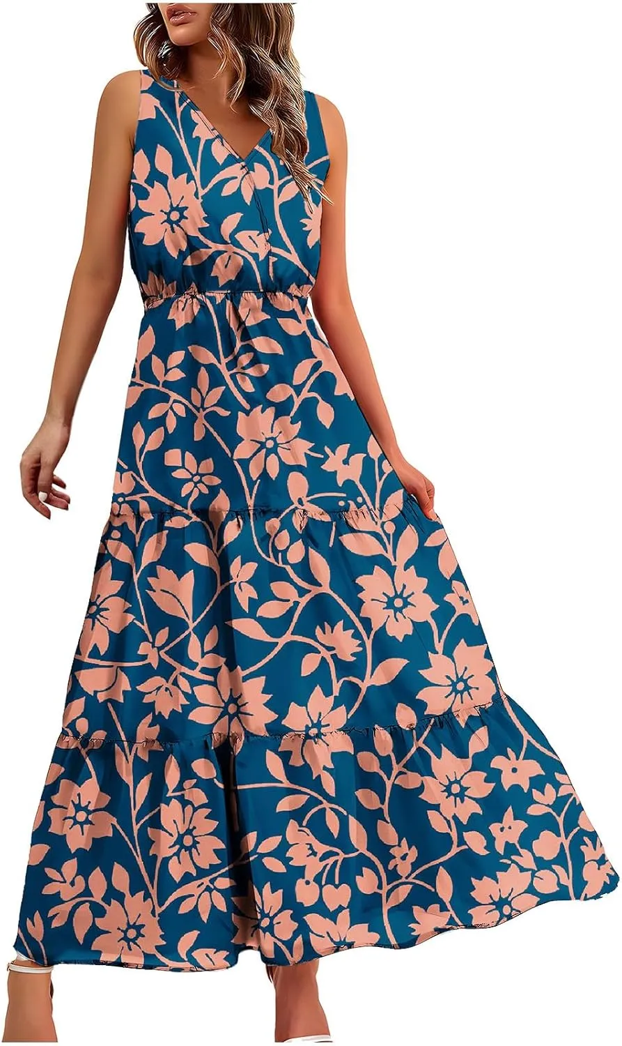 Women'S Flowy Floral Dresses Boho Summer V Neck Sleeveless Tiered Long Maxi Sundreess Beach Vacation Outfits 2024