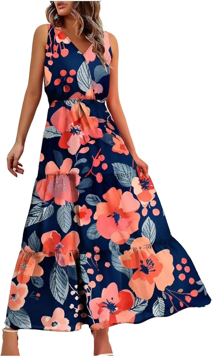 Women'S Flowy Floral Dresses Boho Summer V Neck Sleeveless Tiered Long Maxi Sundreess Beach Vacation Outfits 2024