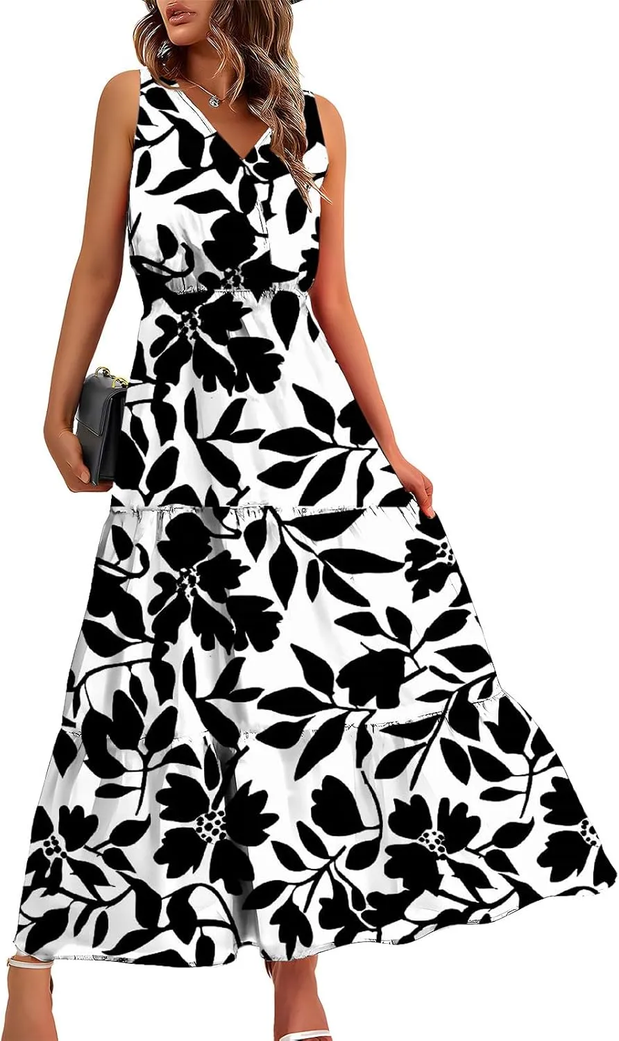 Women'S Flowy Floral Dresses Boho Summer V Neck Sleeveless Tiered Long Maxi Sundreess Beach Vacation Outfits 2024