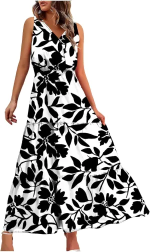 Women'S Flowy Floral Dresses Boho Summer V Neck Sleeveless Tiered Long Maxi Sundreess Beach Vacation Outfits 2024