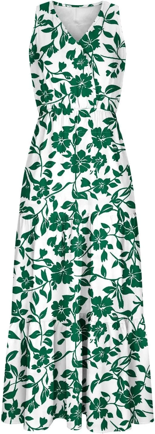 Women'S Flowy Floral Dresses Boho Summer V Neck Sleeveless Tiered Long Maxi Sundreess Beach Vacation Outfits 2024