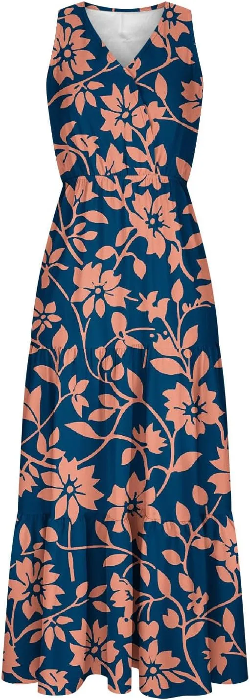 Women'S Flowy Floral Dresses Boho Summer V Neck Sleeveless Tiered Long Maxi Sundreess Beach Vacation Outfits 2024
