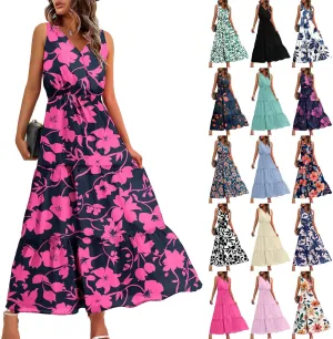 Women'S Flowy Floral Dresses Boho Summer V Neck Sleeveless Tiered Long Maxi Sundreess Beach Vacation Outfits 2024