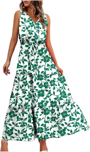 Women'S Flowy Floral Dresses Boho Summer V Neck Sleeveless Tiered Long Maxi Sundreess Beach Vacation Outfits 2024