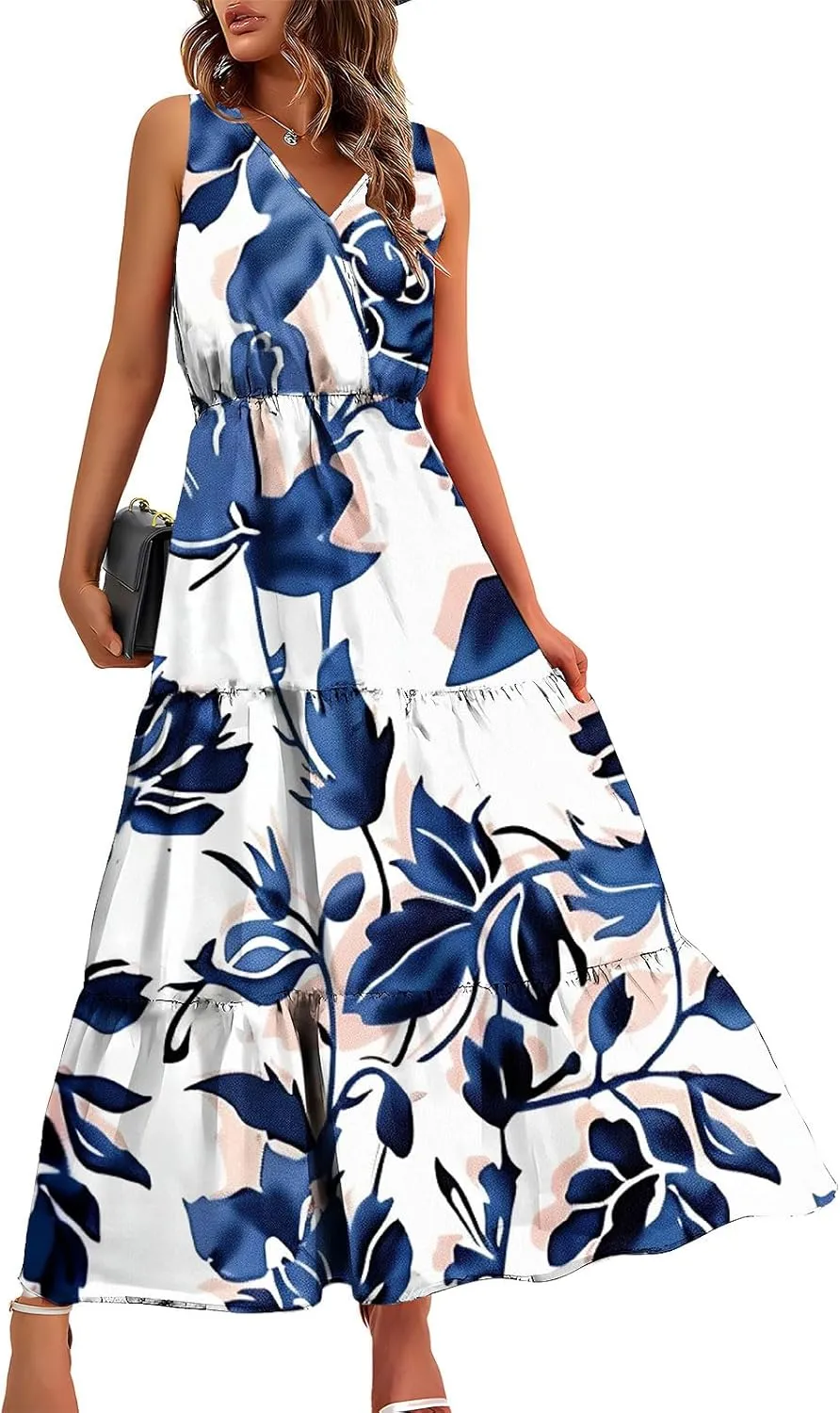 Women'S Flowy Floral Dresses Boho Summer V Neck Sleeveless Tiered Long Maxi Sundreess Beach Vacation Outfits 2024