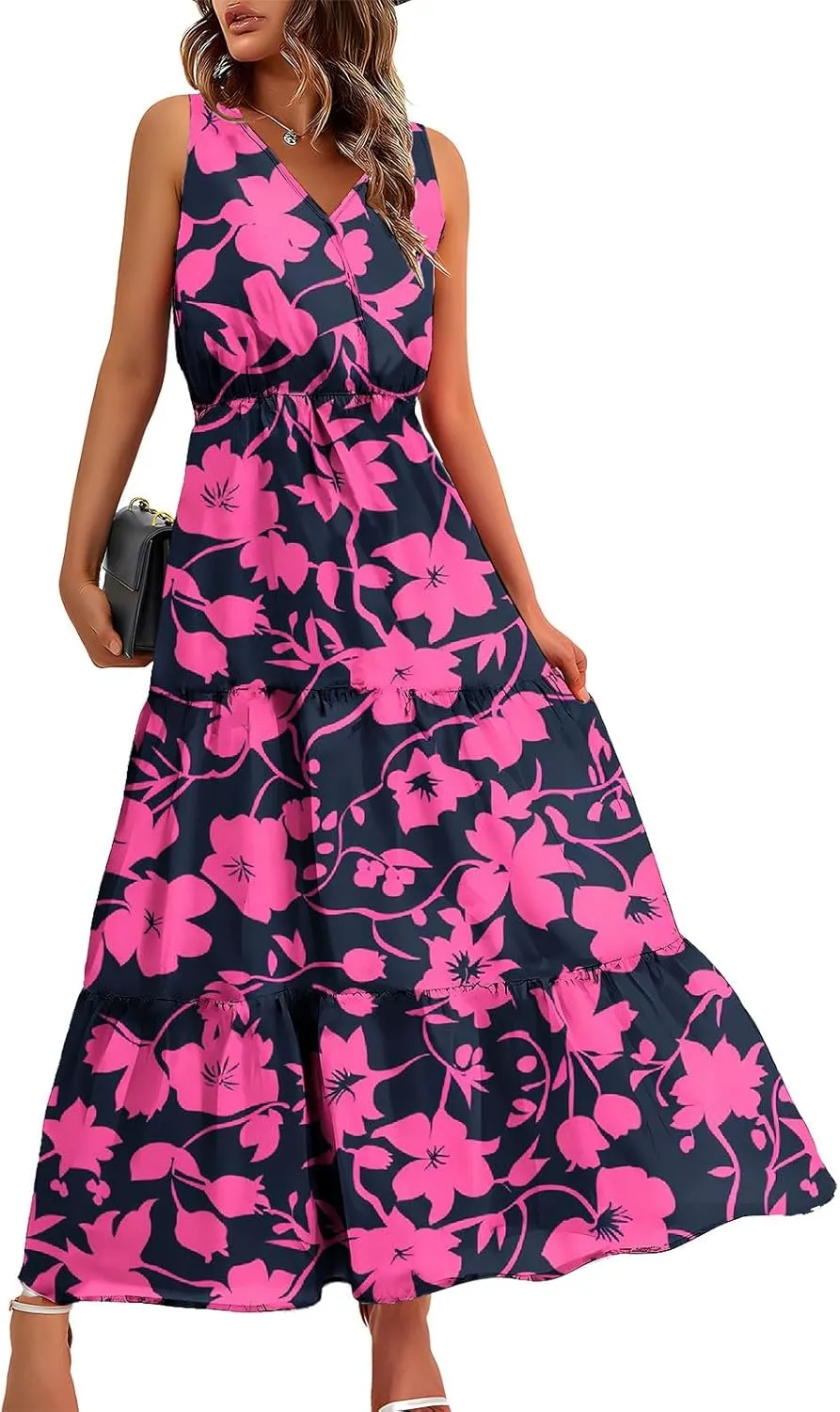 Women'S Flowy Floral Dresses Boho Summer V Neck Sleeveless Tiered Long Maxi Sundreess Beach Vacation Outfits 2024