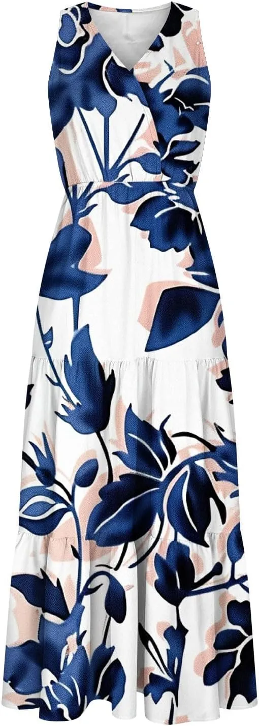Women'S Flowy Floral Dresses Boho Summer V Neck Sleeveless Tiered Long Maxi Sundreess Beach Vacation Outfits 2024