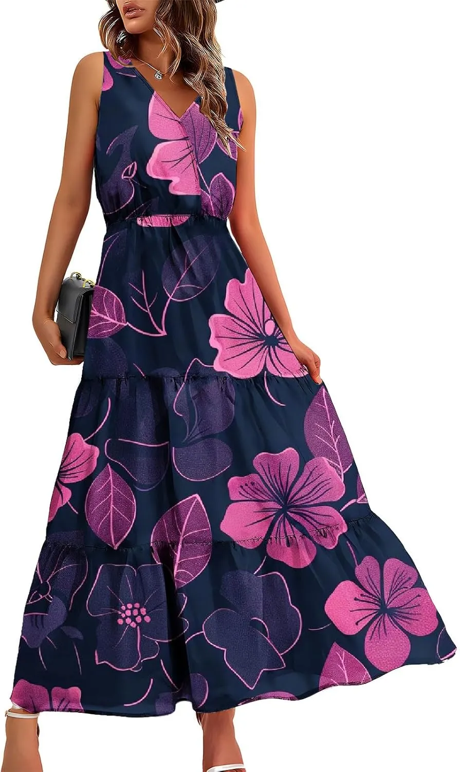 Women'S Flowy Floral Dresses Boho Summer V Neck Sleeveless Tiered Long Maxi Sundreess Beach Vacation Outfits 2024