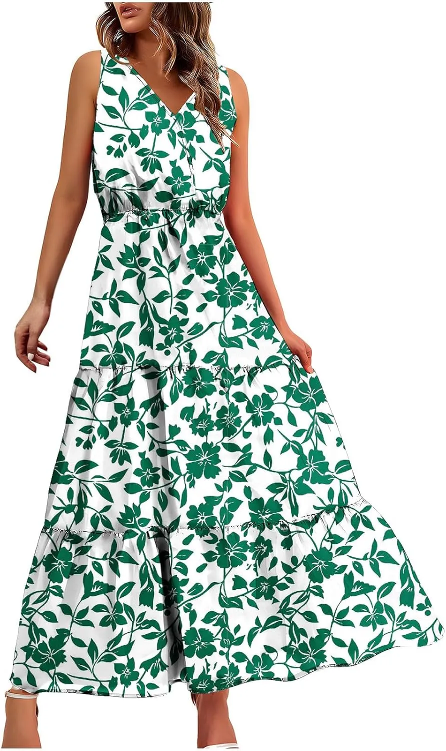 Women'S Flowy Floral Dresses Boho Summer V Neck Sleeveless Tiered Long Maxi Sundreess Beach Vacation Outfits 2024