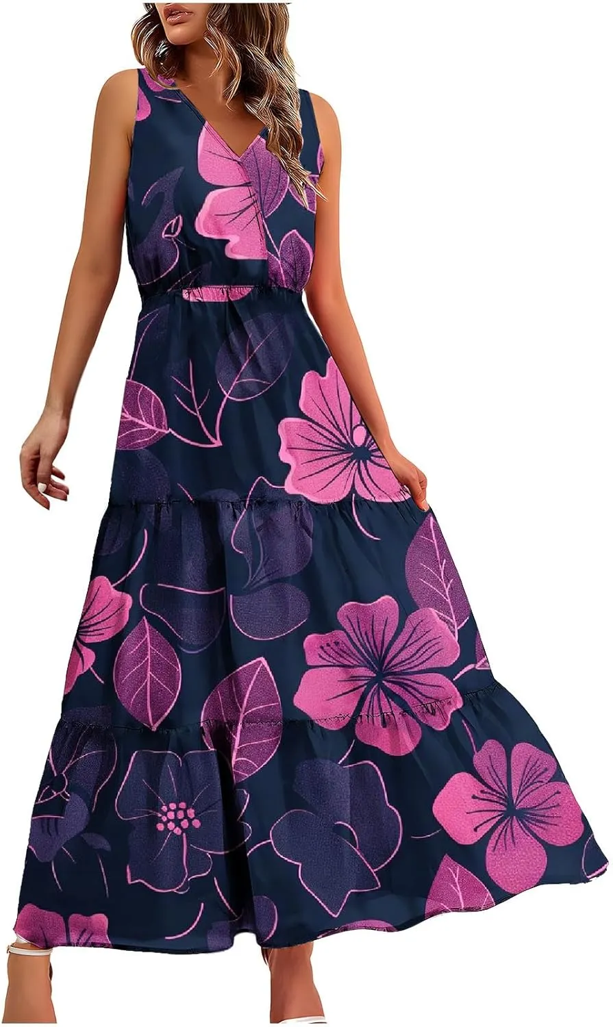 Women'S Flowy Floral Dresses Boho Summer V Neck Sleeveless Tiered Long Maxi Sundreess Beach Vacation Outfits 2024