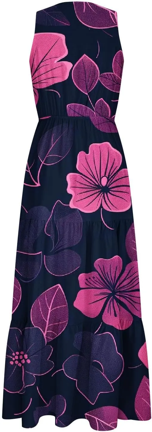 Women'S Flowy Floral Dresses Boho Summer V Neck Sleeveless Tiered Long Maxi Sundreess Beach Vacation Outfits 2024