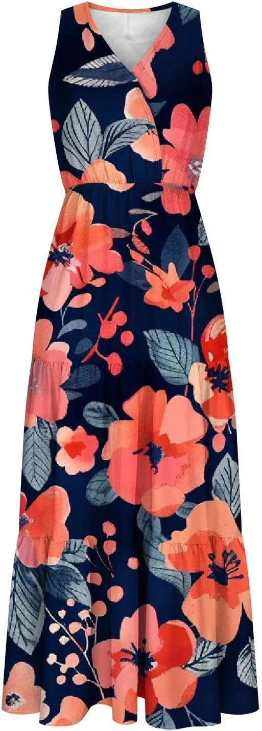 Women'S Flowy Floral Dresses Boho Summer V Neck Sleeveless Tiered Long Maxi Sundreess Beach Vacation Outfits 2024