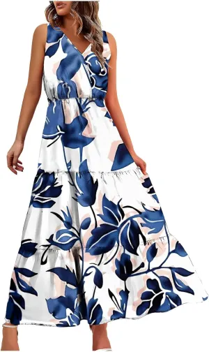 Women'S Flowy Floral Dresses Boho Summer V Neck Sleeveless Tiered Long Maxi Sundreess Beach Vacation Outfits 2024