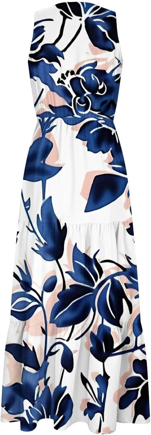 Women'S Flowy Floral Dresses Boho Summer V Neck Sleeveless Tiered Long Maxi Sundreess Beach Vacation Outfits 2024