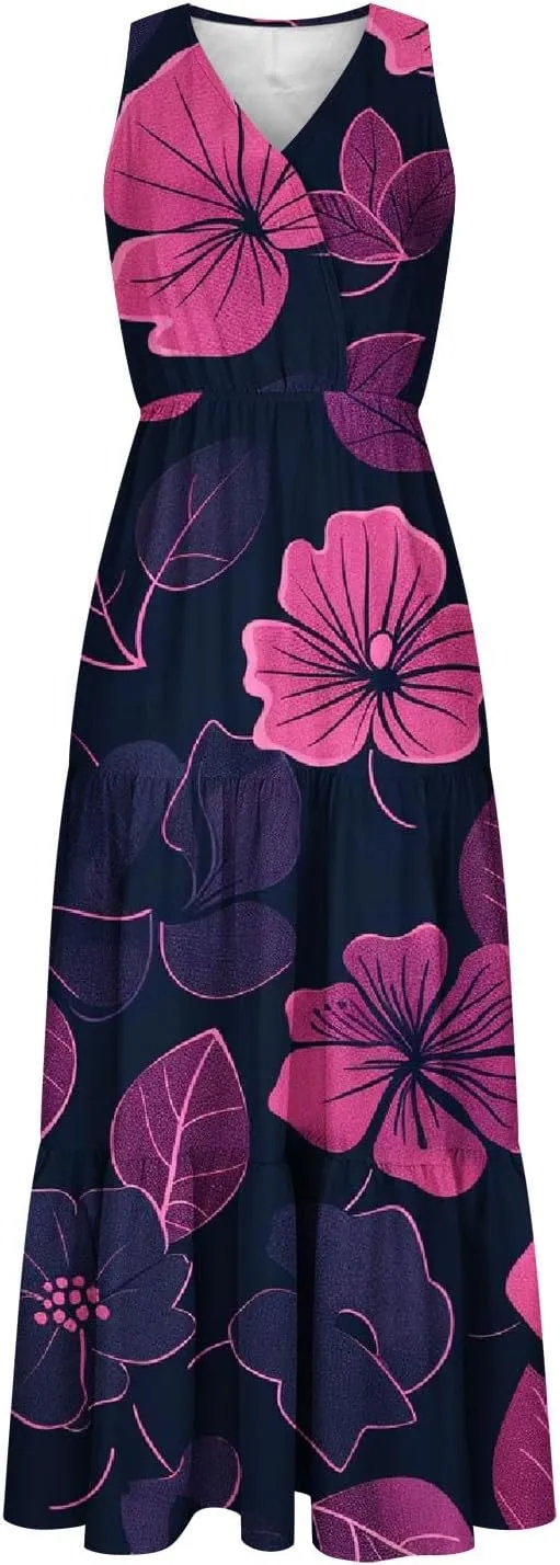 Women'S Flowy Floral Dresses Boho Summer V Neck Sleeveless Tiered Long Maxi Sundreess Beach Vacation Outfits 2024
