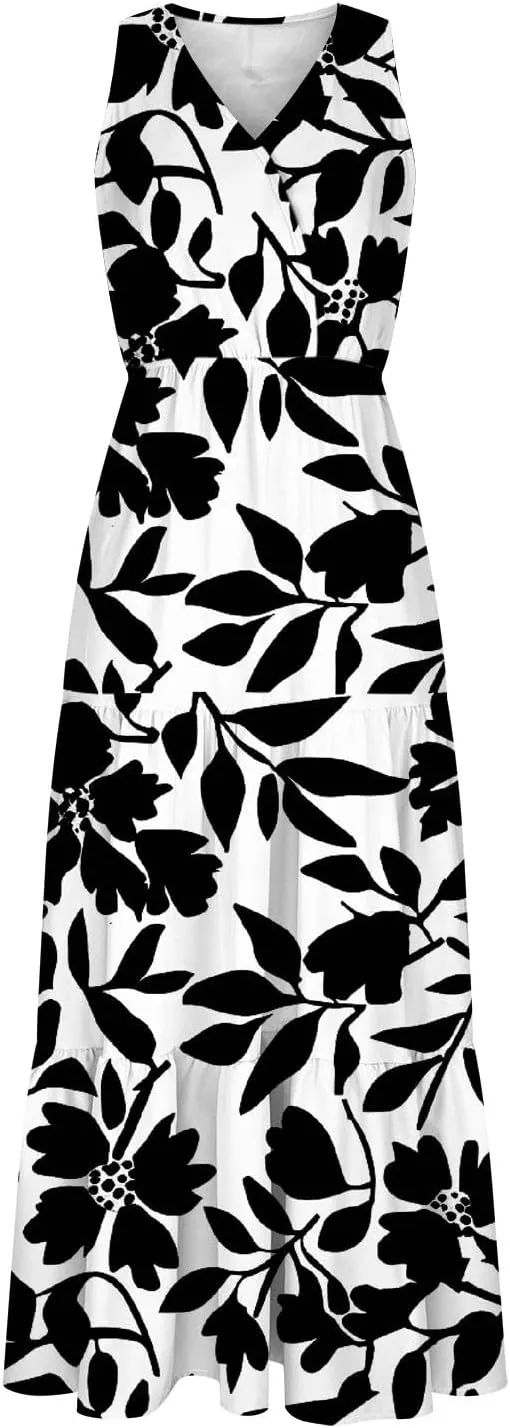 Women'S Flowy Floral Dresses Boho Summer V Neck Sleeveless Tiered Long Maxi Sundreess Beach Vacation Outfits 2024