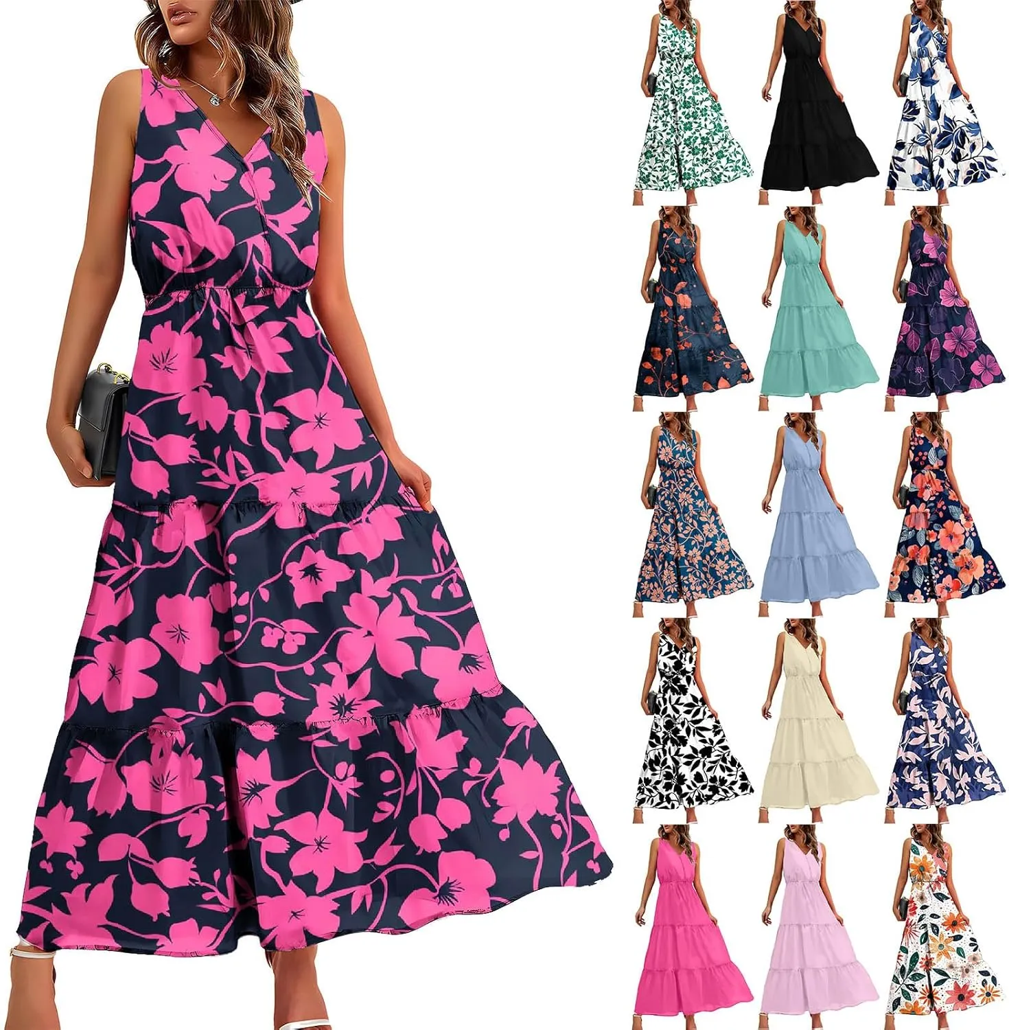 Women'S Flowy Floral Dresses Boho Summer V Neck Sleeveless Tiered Long Maxi Sundreess Beach Vacation Outfits 2024