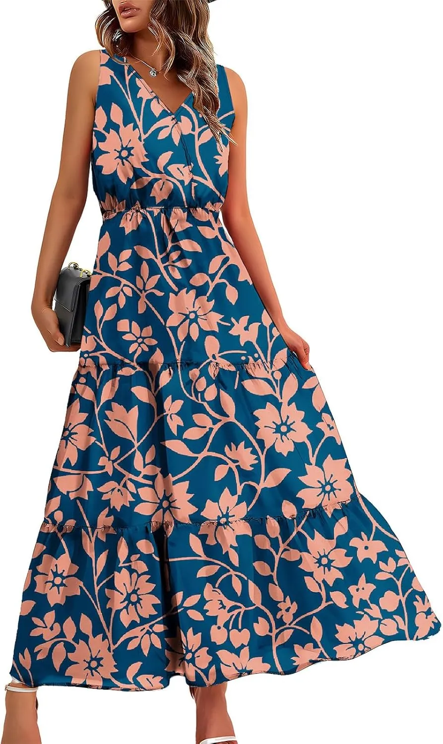 Women'S Flowy Floral Dresses Boho Summer V Neck Sleeveless Tiered Long Maxi Sundreess Beach Vacation Outfits 2024