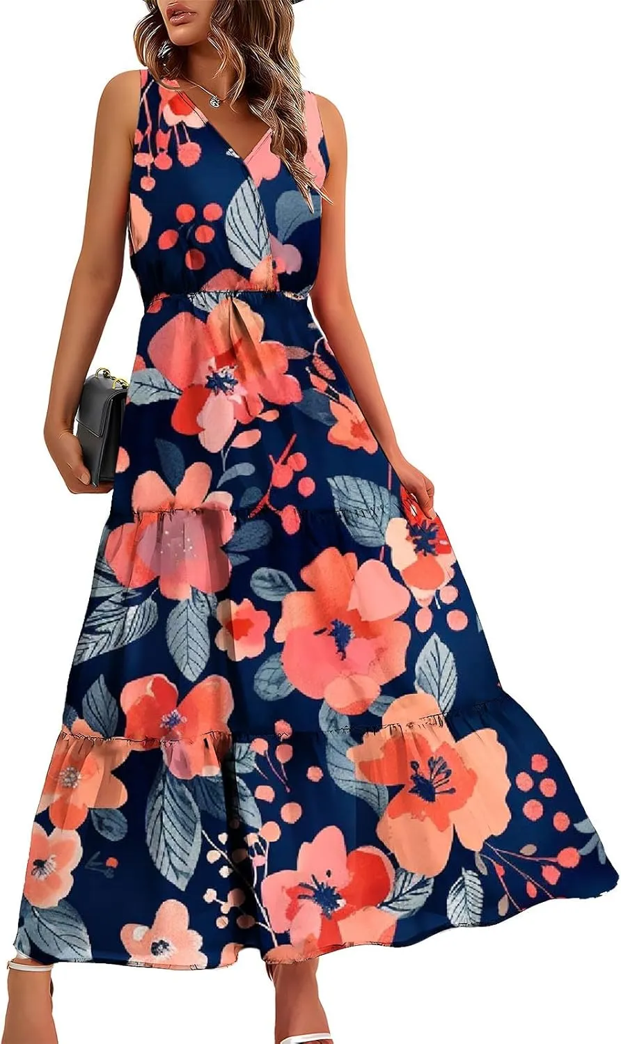 Women'S Flowy Floral Dresses Boho Summer V Neck Sleeveless Tiered Long Maxi Sundreess Beach Vacation Outfits 2024