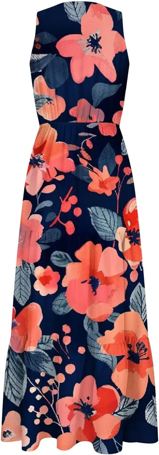 Women'S Flowy Floral Dresses Boho Summer V Neck Sleeveless Tiered Long Maxi Sundreess Beach Vacation Outfits 2024