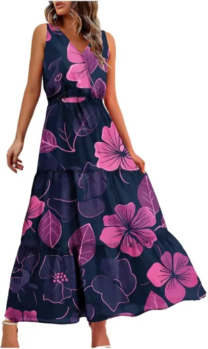 Women'S Flowy Floral Dresses Boho Summer V Neck Sleeveless Tiered Long Maxi Sundreess Beach Vacation Outfits 2024