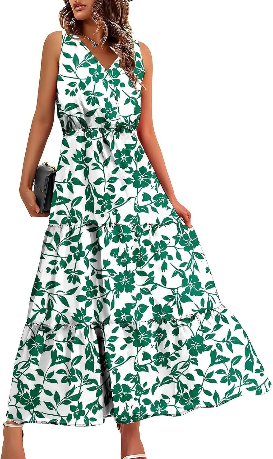 Women'S Flowy Floral Dresses Boho Summer V Neck Sleeveless Tiered Long Maxi Sundreess Beach Vacation Outfits 2024