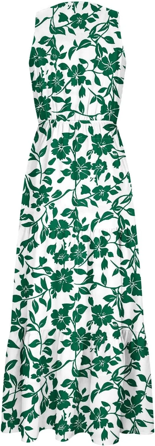 Women'S Flowy Floral Dresses Boho Summer V Neck Sleeveless Tiered Long Maxi Sundreess Beach Vacation Outfits 2024