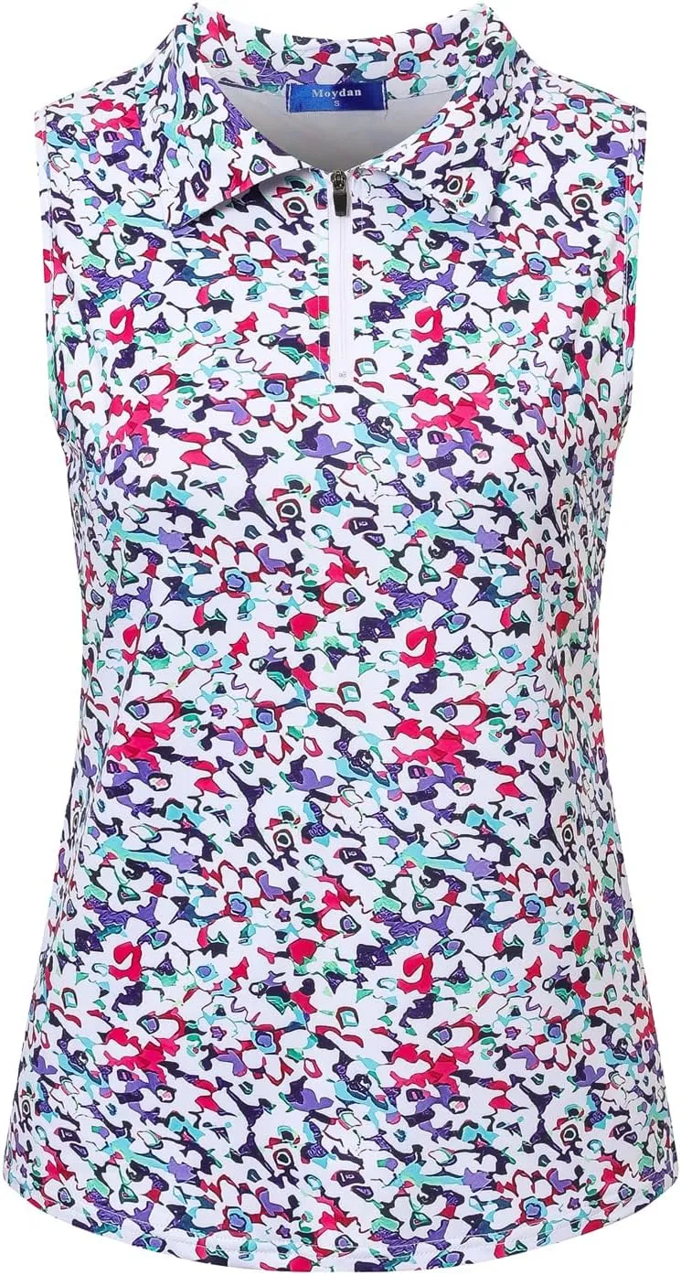Womens Golf Apparel Print Polo Tennis Shirts Moisture Wicking Golf Tank Top with Zipper