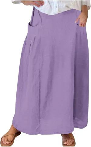 Womens High Waist Maxi Skirts Casual Loose Fit Flowy Swing Pleated A Line Long Skirts Solid Color Skirts with Pocket