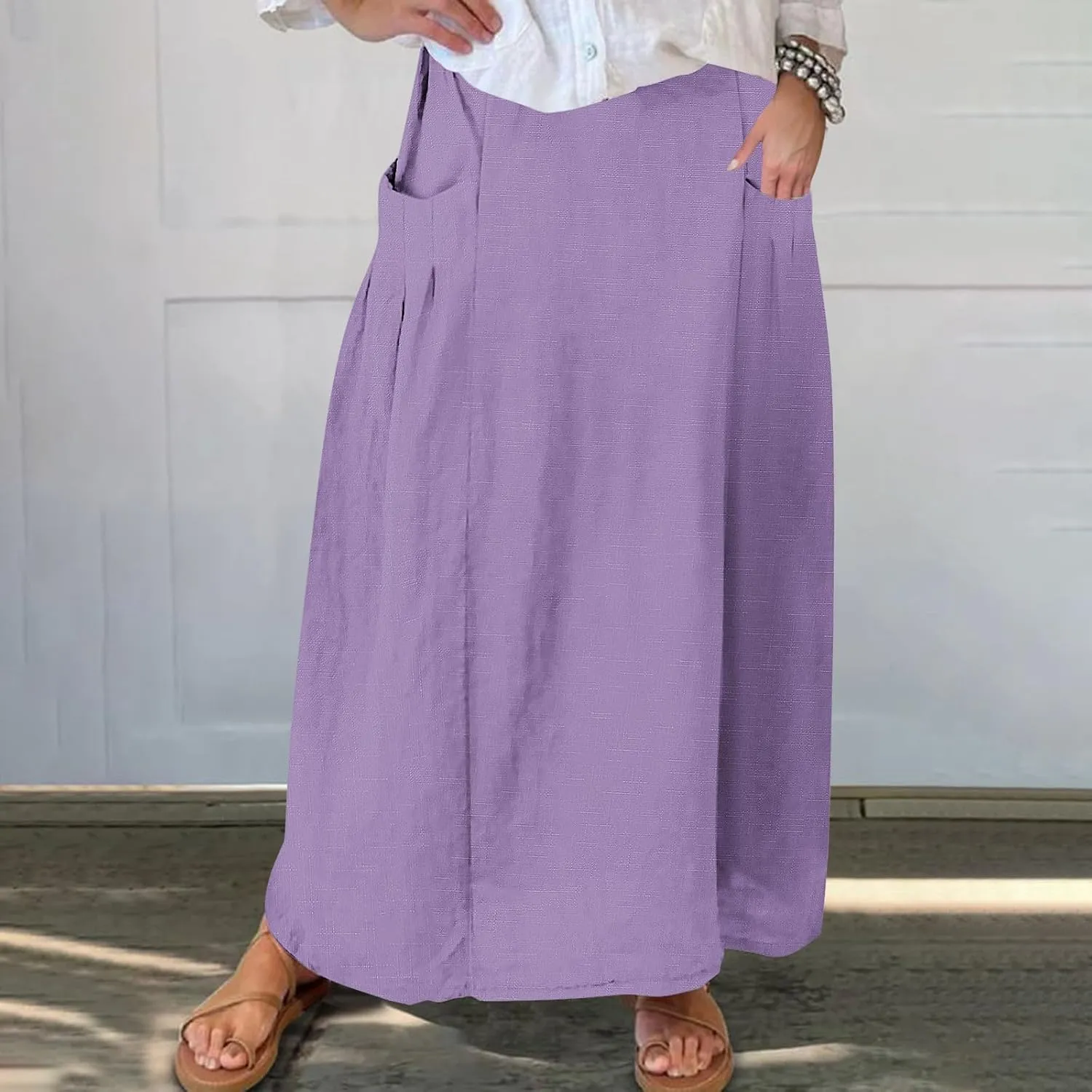 Womens High Waist Maxi Skirts Casual Loose Fit Flowy Swing Pleated A Line Long Skirts Solid Color Skirts with Pocket