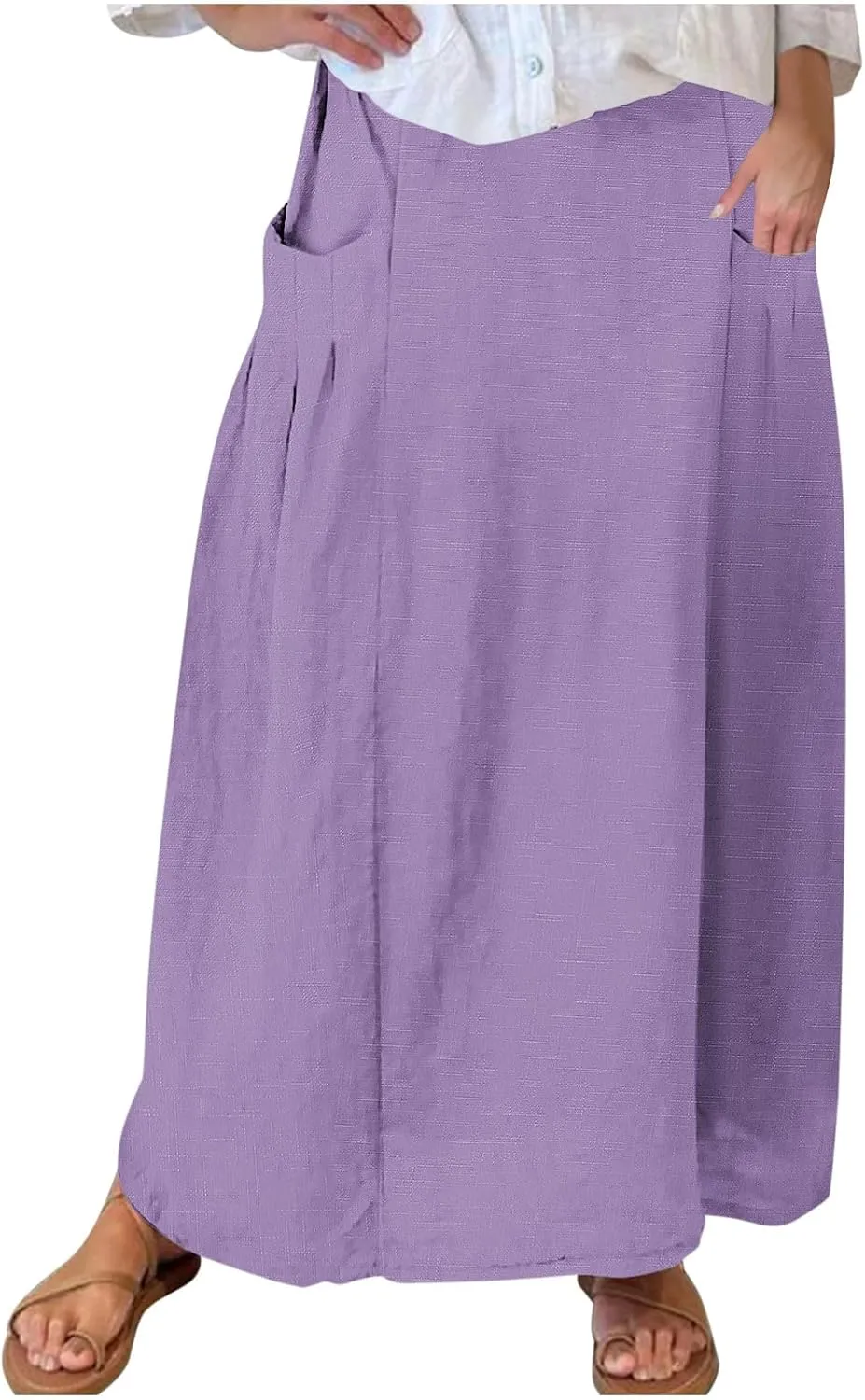 Womens High Waist Maxi Skirts Casual Loose Fit Flowy Swing Pleated A Line Long Skirts Solid Color Skirts with Pocket