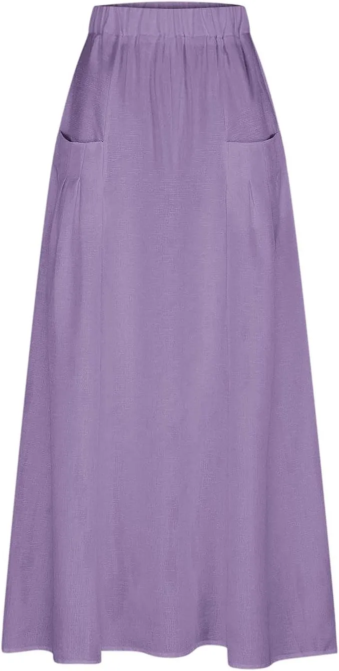 Womens High Waist Maxi Skirts Casual Loose Fit Flowy Swing Pleated A Line Long Skirts Solid Color Skirts with Pocket