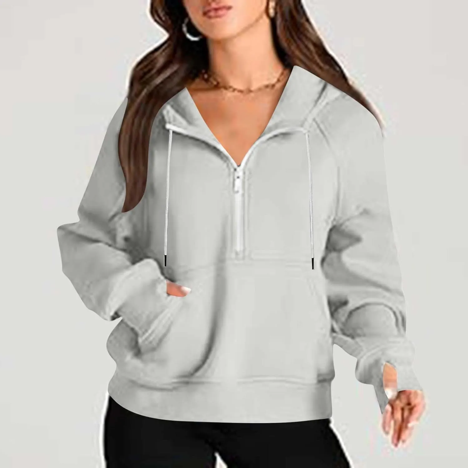 Womens Hoodies Fashion 2024 Half Zip Up Sweatshirts Drawstring Pullover Top Fashion Winter Clothes with Thumbs Hole