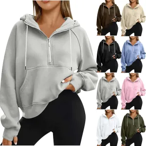 Womens Hoodies Fashion 2024 Half Zip Up Sweatshirts Drawstring Pullover Top Fashion Winter Clothes with Thumbs Hole
