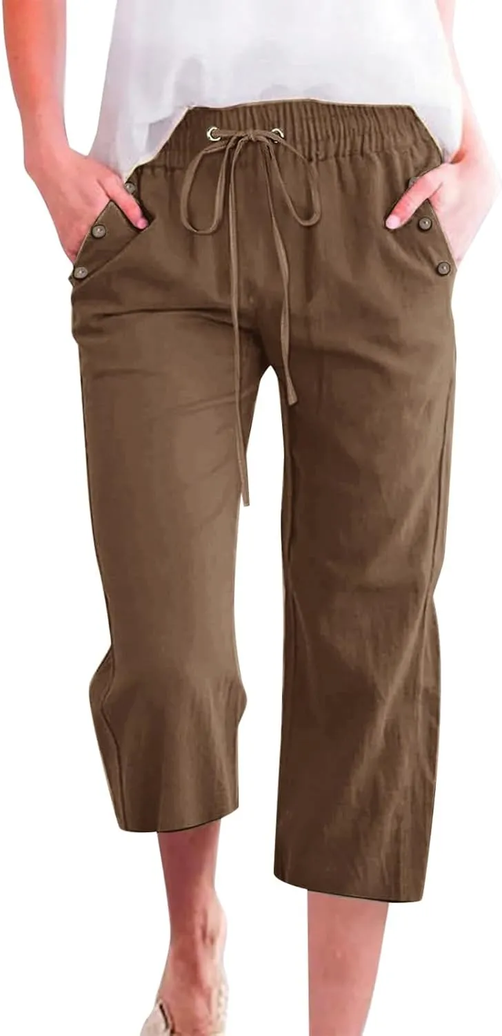 Women's Linen Capris with Pockets High Waist Drawstring Baggy Comfy Casual Lightweight Loose Trousers